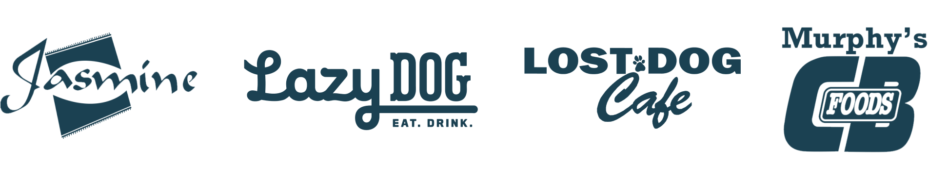 Logos for OpSense customers Jasmine Seafood, Lazy Dog, Lost Dog Cafe, and Murphy's Foods