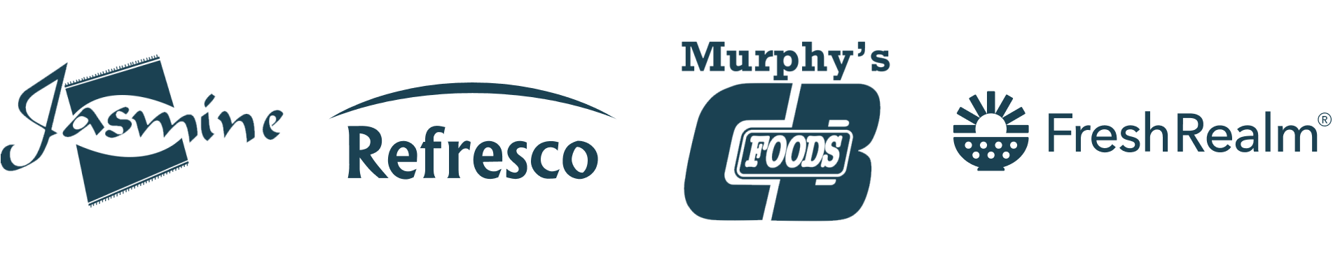 Logos for OpSense customers Jasmine Seafood, Lazy Dog, Lost Dog Cafe, and Murphy's Foods